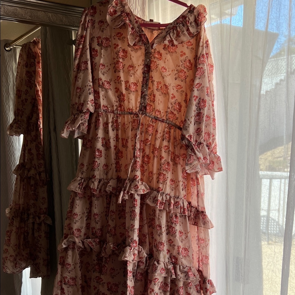 JessaKae Floral Long Sleeve Dress - Pink and Cream